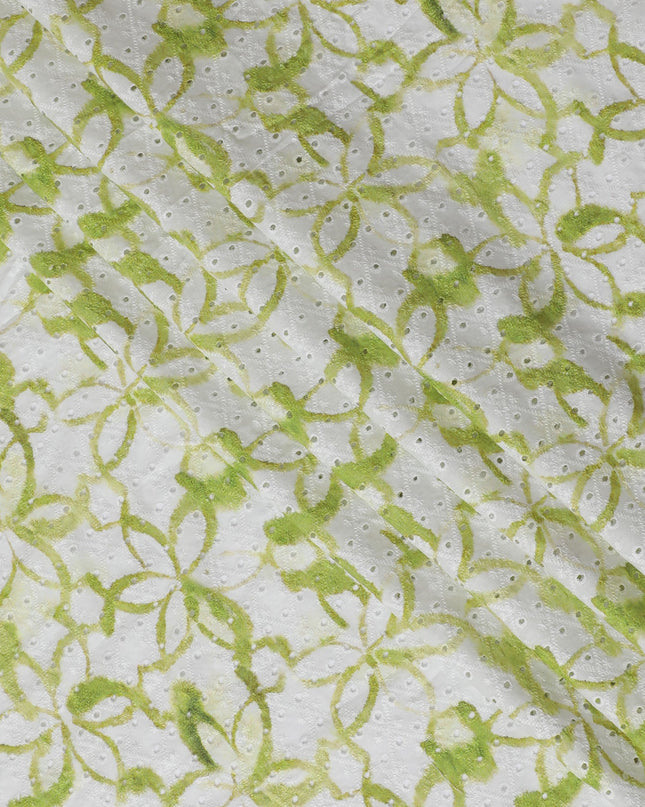 Fresh Green Geometric blended Cotton Lawn Fabric with Embroidery - 110 cm Wide - D19602