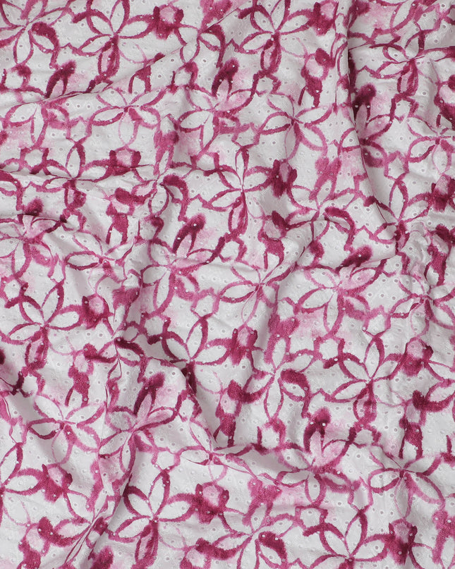 Vibrant Pink Geometric blended Cotton Lawn Fabric with Embroidery - 110 cm Wide - D19603