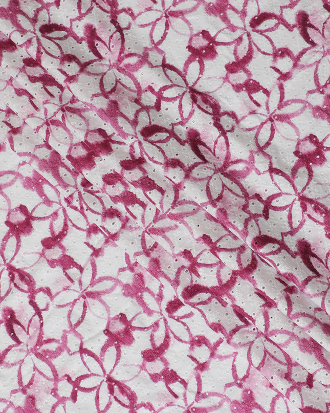 Vibrant Pink Geometric blended Cotton Lawn Fabric with Embroidery - 110 cm Wide - D19603