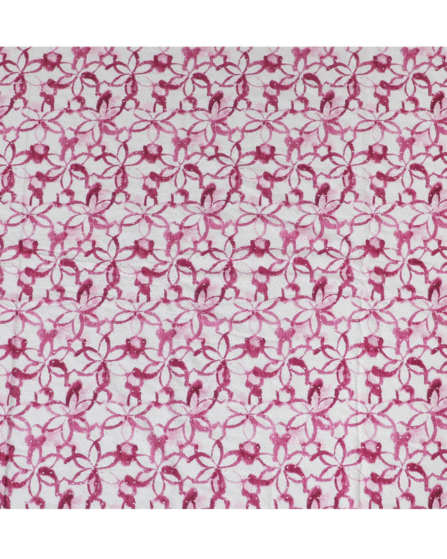 Vibrant Pink Geometric blended Cotton Lawn Fabric with Embroidery - 110 cm Wide - D19603