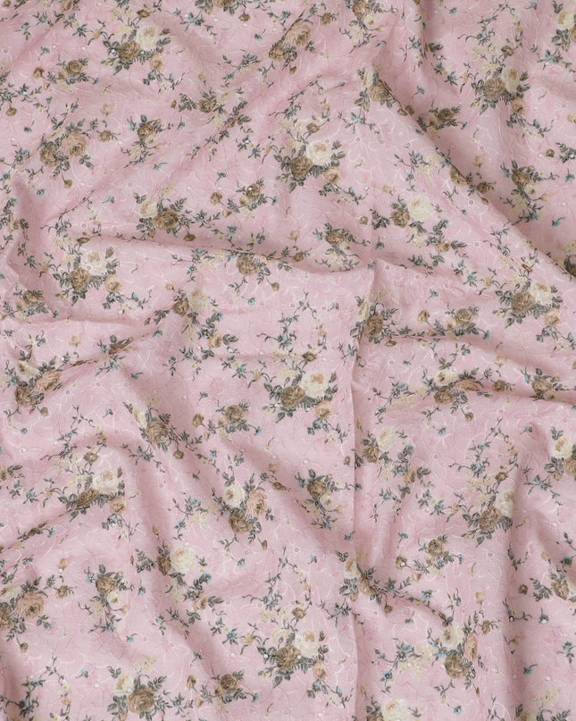 Delicate Pink Floral blended Cotton Lawn Fabric with Embroidery - 110 cm Wide - D19604