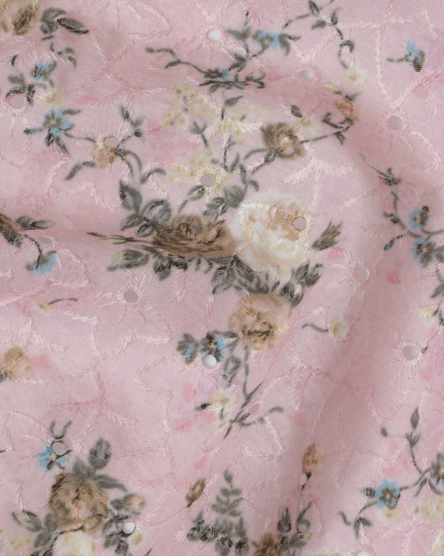 Delicate Pink Floral blended Cotton Lawn Fabric with Embroidery - 110 cm Wide - D19604