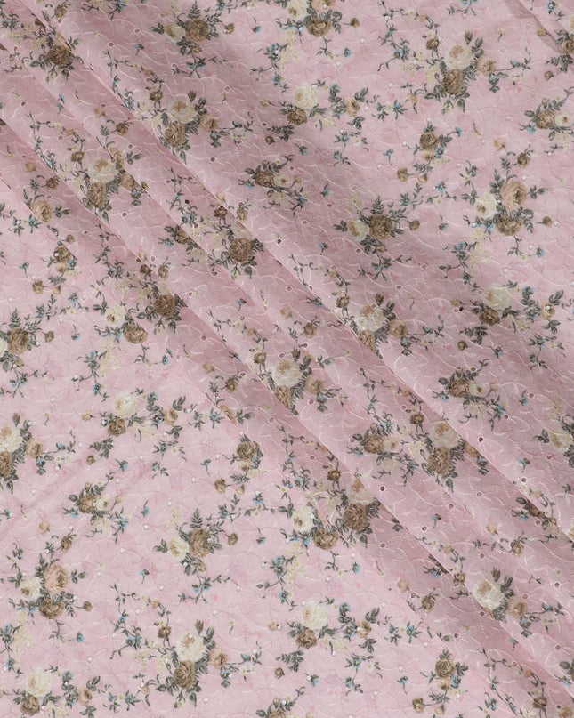 Delicate Pink Floral blended Cotton Lawn Fabric with Embroidery - 110 cm Wide - D19604