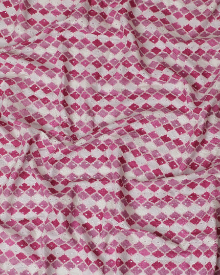 Vibrant Pink and White Geometric blended Cotton Lawn Fabric with Embroidery - 110 cm Wide - D19606