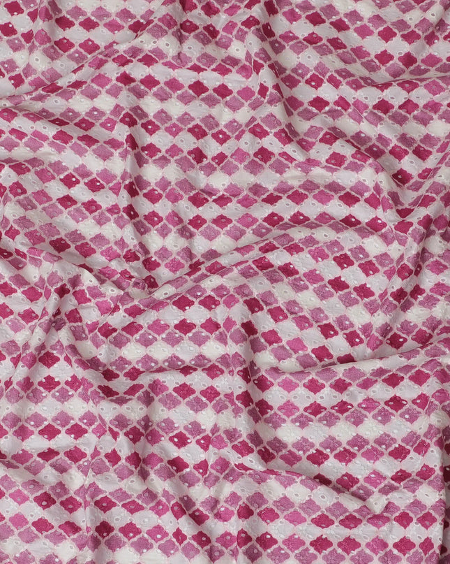 Vibrant Pink and White Geometric blended Cotton Lawn Fabric with Embroidery - 110 cm Wide - D19606 Regal Fabrics