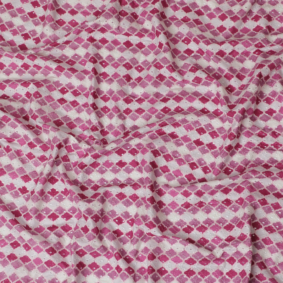 Vibrant Pink and White Geometric blended Cotton Lawn Fabric with Embroidery - 110 cm Wide - D19606