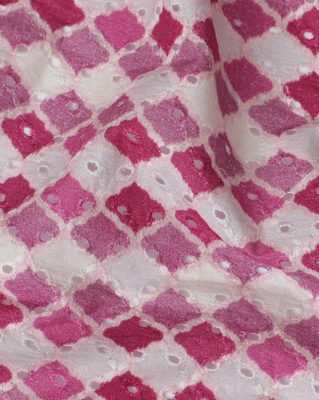 Vibrant Pink and White Geometric blended Cotton Lawn Fabric with Embroidery - 110 cm Wide - D19606 Regal Fabrics
