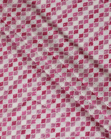 Vibrant Pink and White Geometric blended Cotton Lawn Fabric with Embroidery - 110 cm Wide - D19606