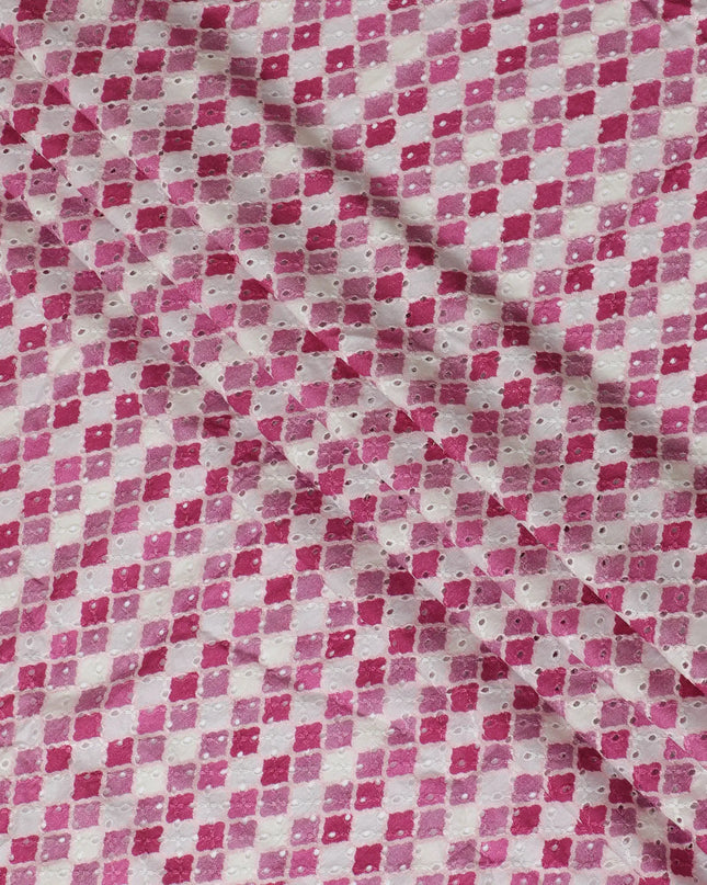 Vibrant Pink and White Geometric blended Cotton Lawn Fabric with Embroidery - 110 cm Wide - D19606 Regal Fabrics