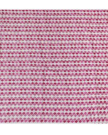 Vibrant Pink and White Geometric blended Cotton Lawn Fabric with Embroidery - 110 cm Wide - D19606