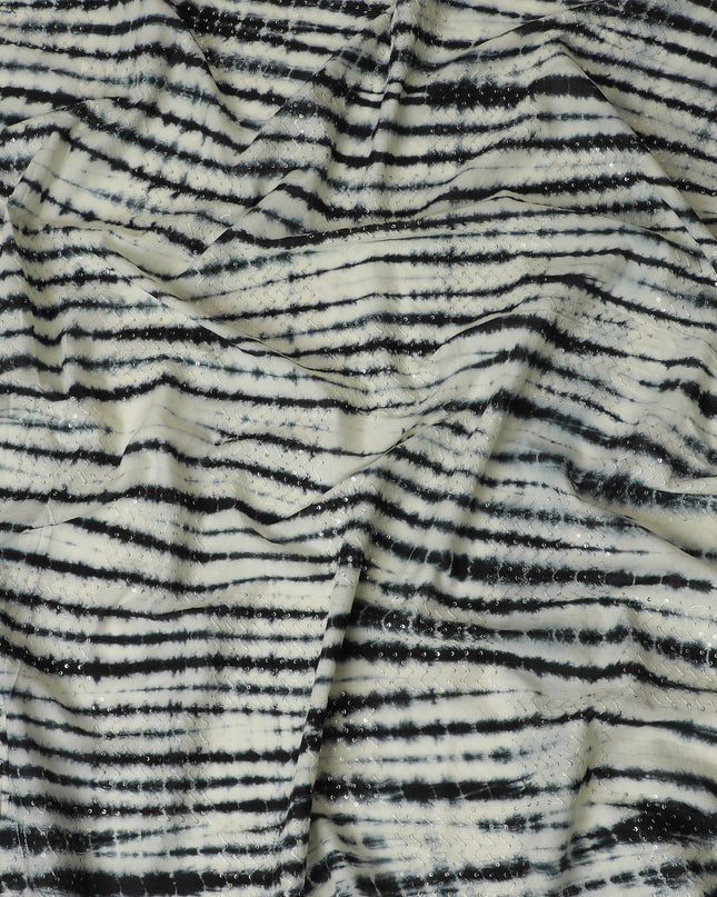 Elegant Black and White Tie-Dye Cotton Lawn Fabric with Sequin Detailing, 110 cm Width-D19656