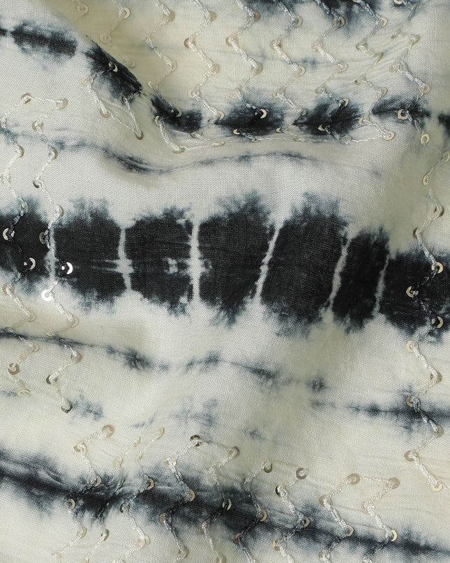 Elegant Black and White Tie-Dye Cotton Lawn Fabric with Sequin Detailing, 110 cm Width-D19656