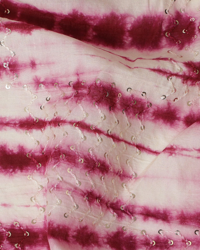 Rich Dark Pink and White Tie-Dye Cotton Lawn Fabric with Sequin Embellishments, 110 cm Width-D19657