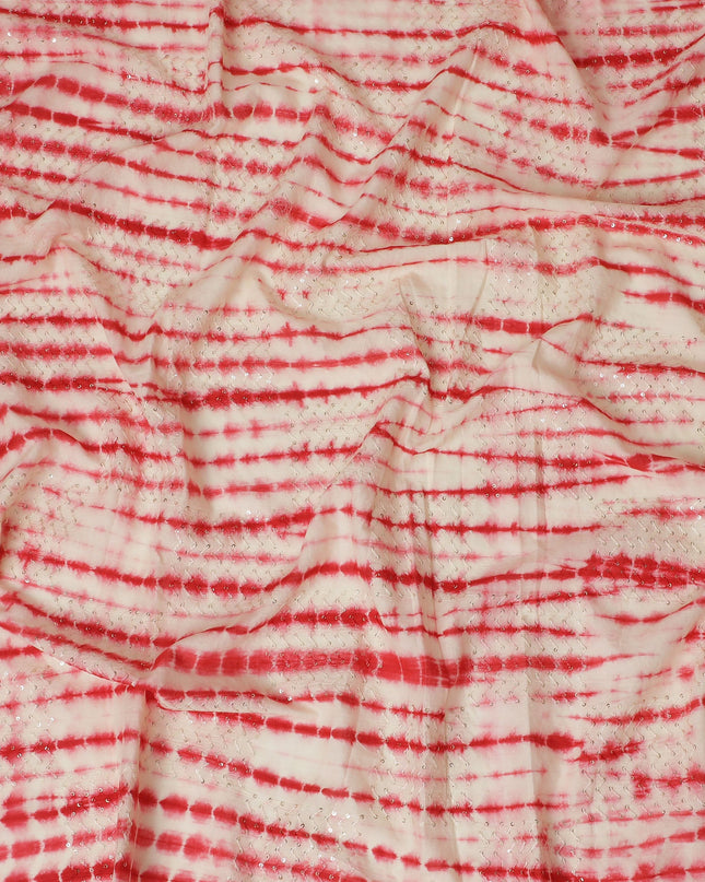 Vibrant Red and White Tie-Dye Cotton Lawn Fabric with Sequin Accents, 110 cm Width-D19658