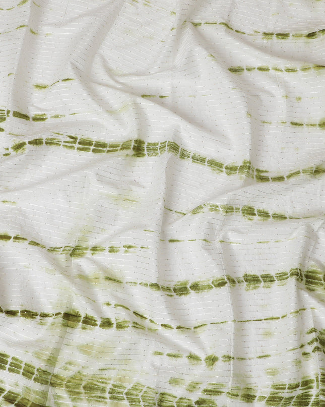 Refreshing Green and White Tie-Dye Cotton Lawn Fabric with Sequin Stripes, 110 cm Width-D19659