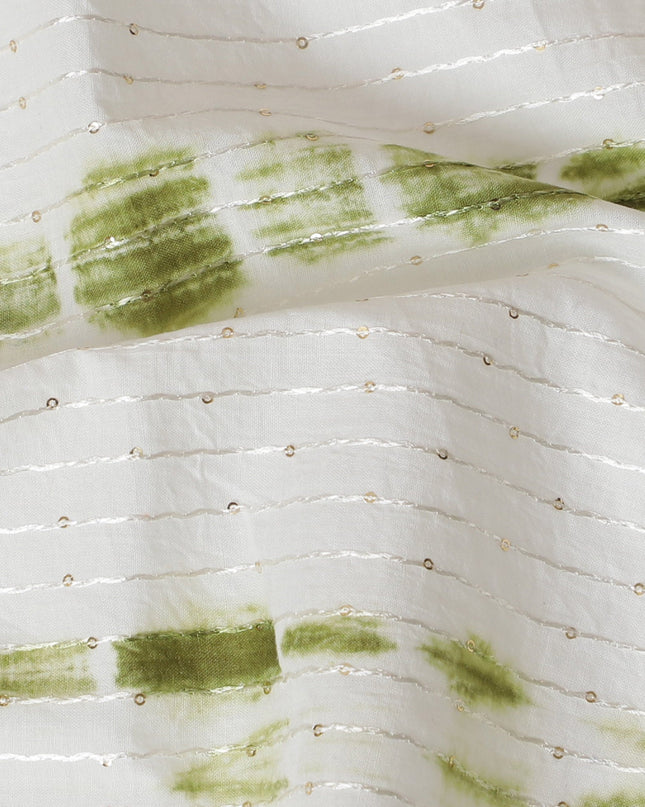 Refreshing Green and White Tie-Dye Cotton Lawn Fabric with Sequin Stripes, 110 cm Width-D19659