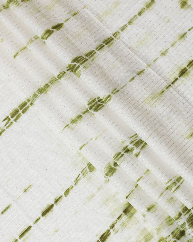 Refreshing Green and White Tie-Dye Cotton Lawn Fabric with Sequin Stripes, 110 cm Width-D19659