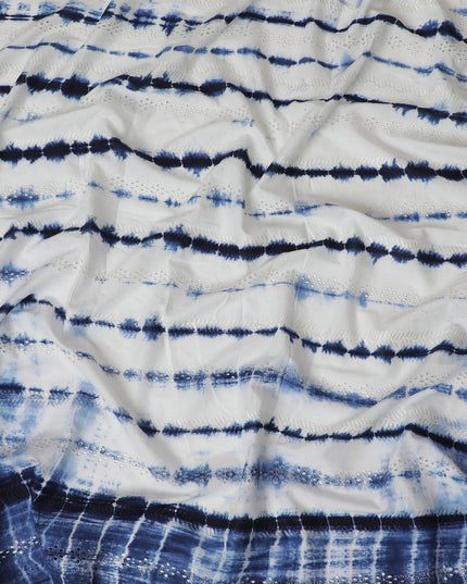 Blue and White Tie-Dye Cotton Lawn Fabric with Embroidery, 110 cm Width-D19661