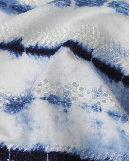 Blue and White Tie-Dye Cotton Lawn Fabric with Embroidery, 110 cm Width-D19661