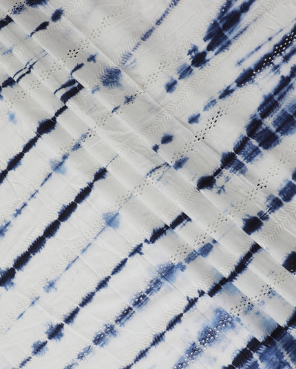 Blue and White Tie-Dye Cotton Lawn Fabric with Embroidery, 110 cm Width-D19661