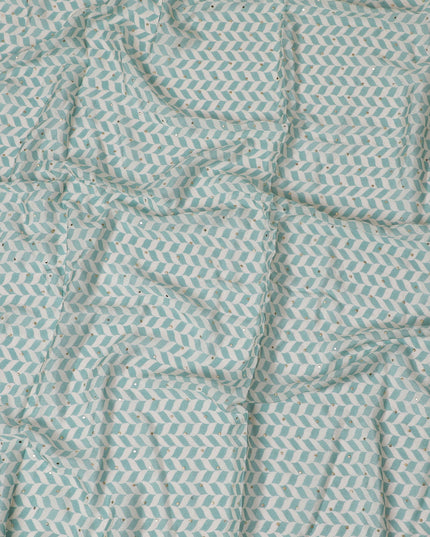 Aqua and White Chevron Cotton Lawn Fabric with Sequins, 110 cm Width-D19663