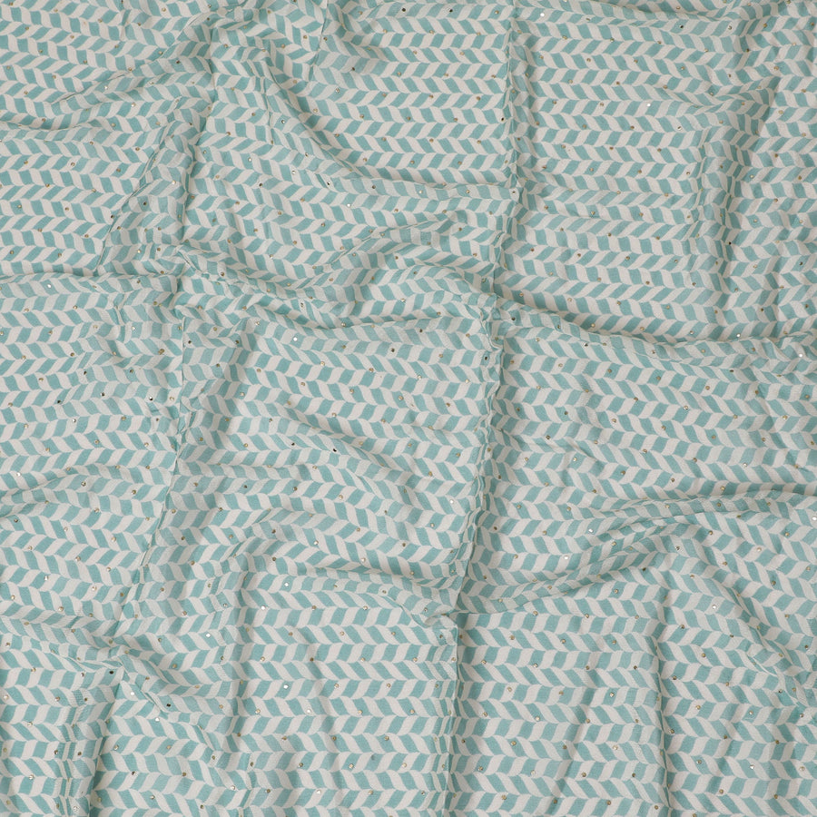 Aqua and White Chevron Cotton Lawn Fabric with Sequins, 110 cm Width-D19663