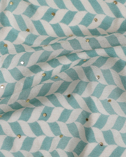 Aqua and White Chevron Cotton Lawn Fabric with Sequins, 110 cm Width-D19663