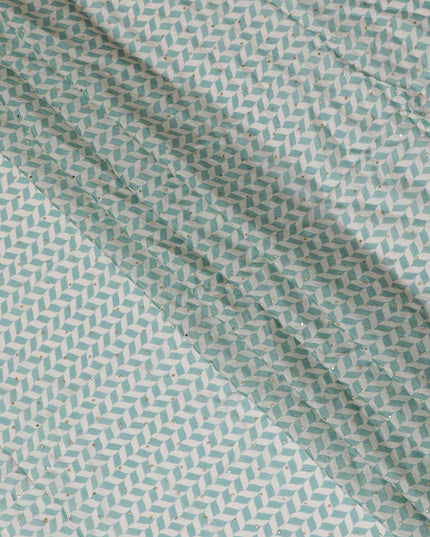 Aqua and White Chevron Cotton Lawn Fabric with Sequins, 110 cm Width-D19663