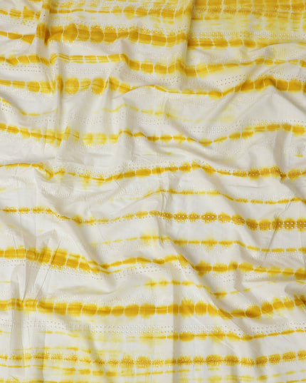 Sunny Yellow and White Tie-Dye Synthetic Chinon Fabric with Embroidery, 110 cm Width-D19664