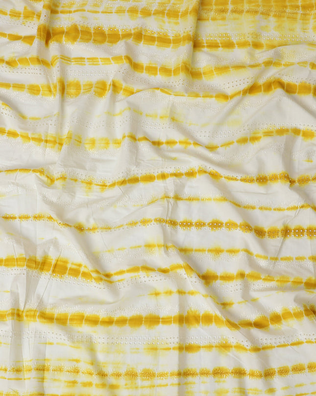 Sunny Yellow and White Tie-Dye Synthetic Chinon Fabric with Embroidery, 110 cm Width-D19664