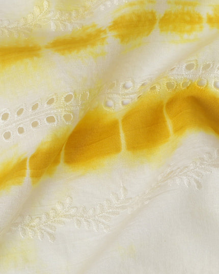 Sunny Yellow and White Tie-Dye Synthetic Chinon Fabric with Embroidery, 110 cm Width-D19664