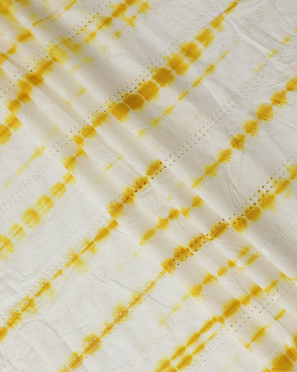 Sunny Yellow and White Tie-Dye Synthetic Chinon Fabric with Embroidery, 110 cm Width-D19664