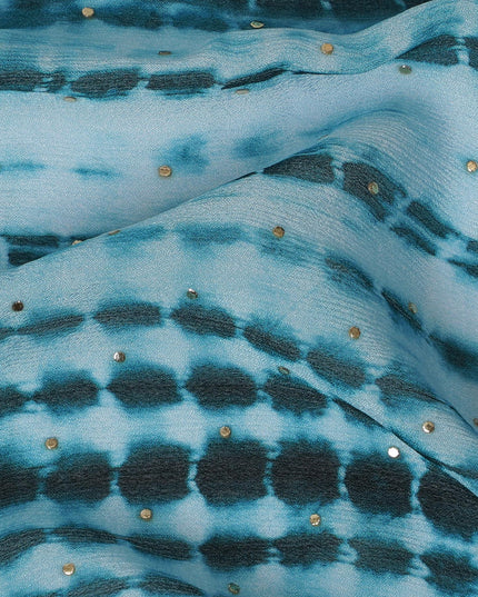 Turquoise and Black Tie-Dye Synthetic Chinon Fabric with Gold foil, 110 cm Width-D19665