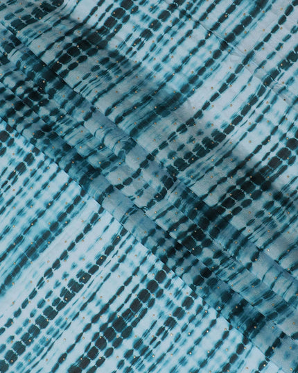 Turquoise and Black Tie-Dye Synthetic Chinon Fabric with Gold foil, 110 cm Width-D19665