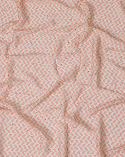 Soft Peach and White Chevron Synthetic Chinon Fabric with gold foil, 110 cm Width-D19666