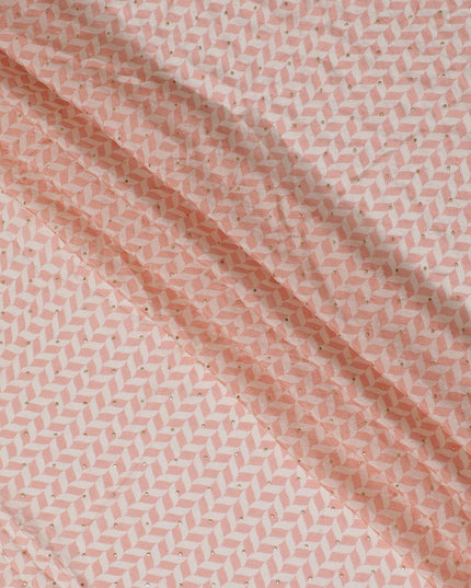 Soft Peach and White Chevron Synthetic Chinon Fabric with gold foil, 110 cm Width-D19666