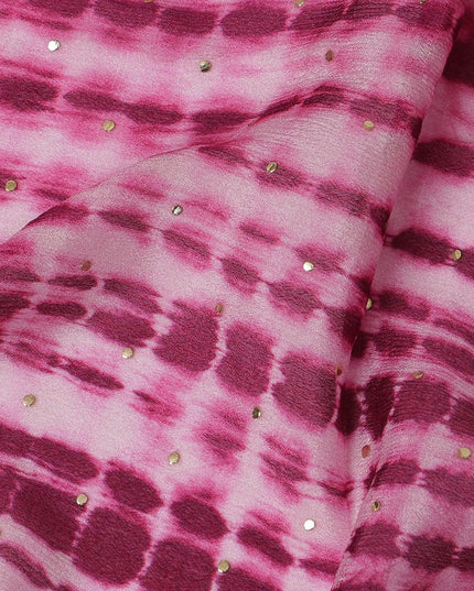 Magenta and Pink Tie-Dye Synthetic Chinon Fabric with gold foil, 110 cm Width-D19667