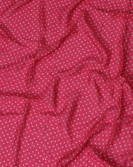 Bright Pink and White Polka Dot Synthetic Chinon Fabric with gold foil, 110 cm Width-D19668