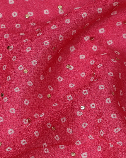 Bright Pink and White Polka Dot Synthetic Chinon Fabric with gold foil, 110 cm Width-D19668