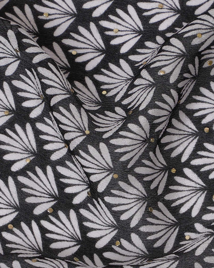 Black and White Floral Synthetic Chinon Fabric with gold foil, 110 cm Width-D19669