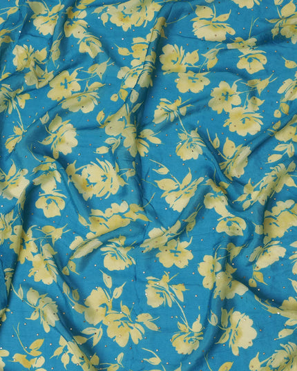 Teal and Yellow Floral Synthetic Chinon Fabric with gold foil, 110 cm Width-D19670