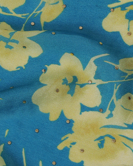 Teal and Yellow Floral Synthetic Chinon Fabric with gold foil, 110 cm Width-D19670