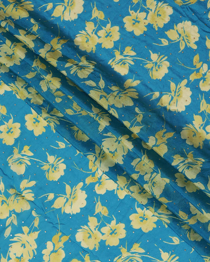 Teal and Yellow Floral Synthetic Chinon Fabric with gold foil, 110 cm Width-D19670