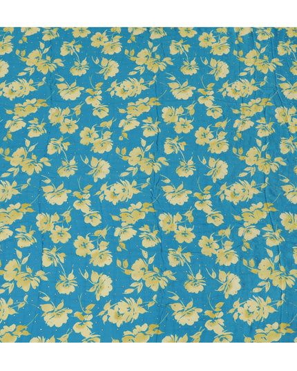 Teal and Yellow Floral Synthetic Chinon Fabric with gold foil, 110 cm Width-D19670