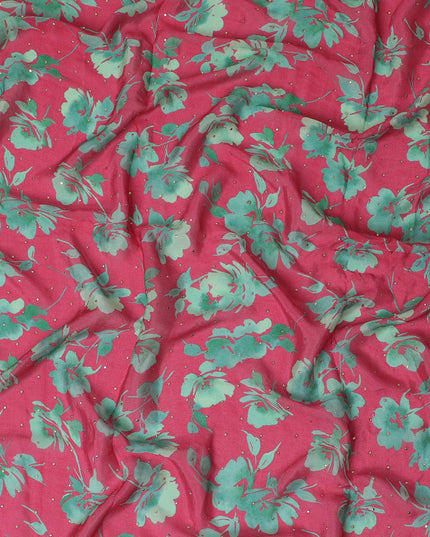 Magenta and Green Floral Synthetic Chinon Fabric with gold foil, 110 cm Width-D19671