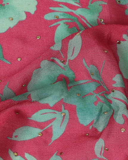 Magenta and Green Floral Synthetic Chinon Fabric with gold foil, 110 cm Width-D19671