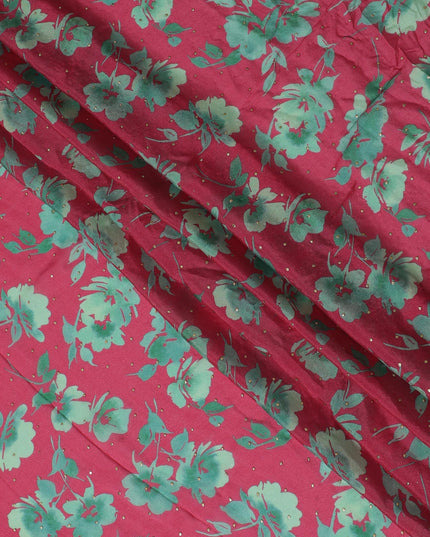 Magenta and Green Floral Synthetic Chinon Fabric with gold foil, 110 cm Width-D19671