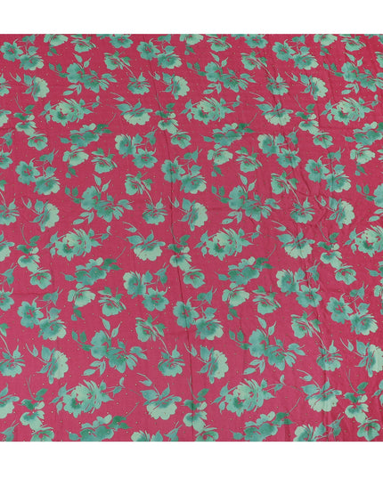 Magenta and Green Floral Synthetic Chinon Fabric with gold foil, 110 cm Width-D19671