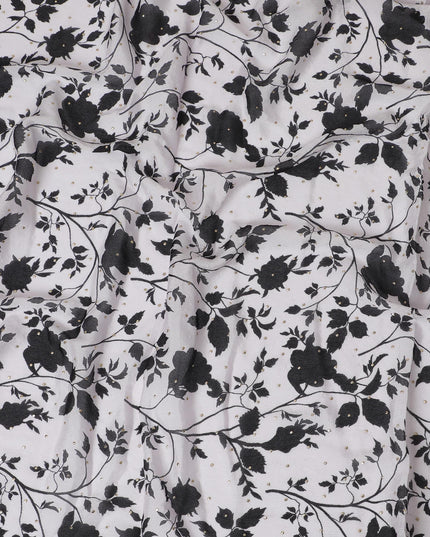 Black and White Floral Synthetic Chinon Fabric with gold foil, 110 cm Width-D19672