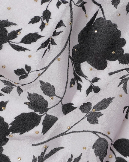 Black and White Floral Synthetic Chinon Fabric with gold foil, 110 cm Width-D19672